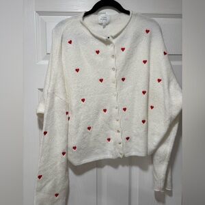 Things Between Cozy White Cardigan with Red Heart Accents